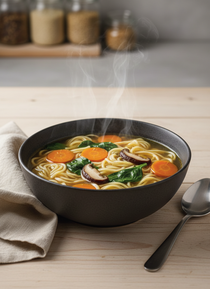 A close-up, photographic realism image of a steaming bowl of vegetable-packed noodle soup in a deep, matte charcoal ceramic bowl, resting on a pale wooden table. The broth is clear and golden, with visible ribbons of noodles, bright orange carrot coins, deep green spinach, and slices of mushroom, each ingredient glistening under soft, warm overhead lighting. A neutral linen napkin is folded neatly beside the bowl, next to a simple stainless steel spoon. The background is softly blurred, hinting at a minimalist kitchen shelf with jars of grains and spices. Shot at a slightly elevated angle with shallow depth of field, the mood is comforting and nourishing, ideal for illustrating wholesome everyday recipes for busy lifestyles.