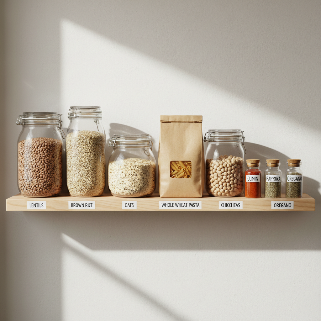 A tidy, budget-conscious pantry shelf captured in photographic realism, filled with neatly arranged glass jars and simple packaging: dried lentils, brown rice, rolled oats, whole wheat pasta, chickpeas, and a few spices in small clear containers. The shelf is made of light pine wood against a soft off-white wall, bathed in diffused natural side light from an unseen window, casting gentle, elongated shadows. Labels are handwritten in a clean, neutral style, emphasizing practicality and organization. The camera is at eye level with sharp focus across the frame, creating a calm, efficient, and slightly minimalist atmosphere. This image conveys the idea of cooking smart on a budget, highlighting staple ingredients that can be turned into numerous recipes for students and busy home cooks.