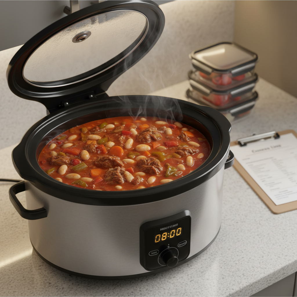 An inviting slow-cooker scene in photographic realism: a modern black and stainless steel slow cooker with its lid slightly ajar, revealing a rich tomato-based stew with visible beans, chunks of vegetables, and shredded meat. The cooker rests on a speckled light grey countertop in a compact, efficient kitchen setting, with a simple digital clock on the appliance glowing faintly. Warm under-cabinet lighting illuminates the glossy surface of the stew and casts soft reflections on the metal accents. In the background, slightly blurred, sits a small stack of meal prep containers and a folded grocery list on a clipboard. Captured from a slightly elevated angle, the composition suggests convenience and planning, ideal for recipes tailored to busy students and time-poor home cooks.