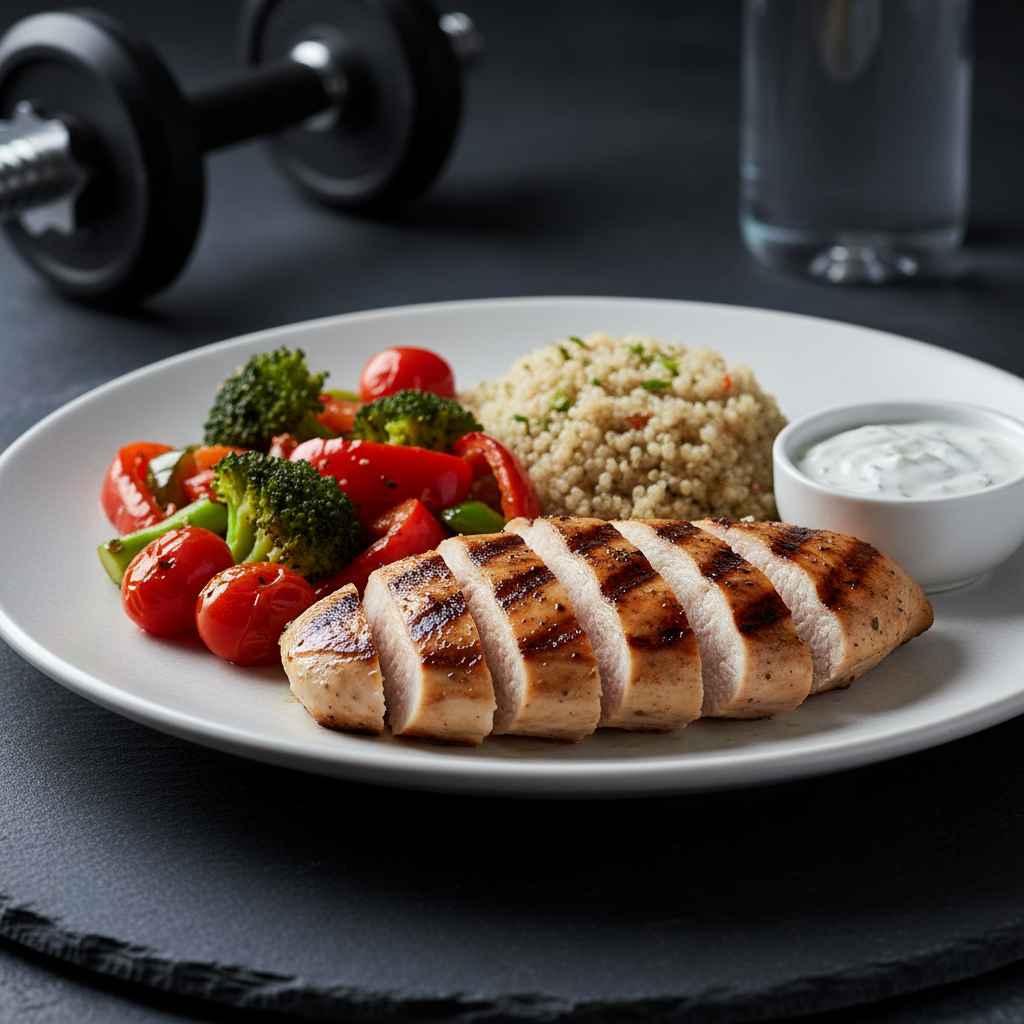 A muscular, protein-focused meal photographed in crisp detail: a sliced, perfectly seared chicken breast with visible grill marks, arranged beside a mound of fluffy quinoa and a vibrant medley of roasted broccoli, red peppers, and cherry tomatoes on a large, flat, matte white plate. The plate sits on a dark slate surface, creating contrast, with a small ramekin of yogurt-based sauce nearby. Cool, directional studio lighting from the left creates defined highlights on the protein and subtle shadows that emphasize texture. The background falls into a soft, neutral blur with hints of a dumbbell and a water bottle out of focus, suggesting a fitness context. Shot from a three-quarter angle with moderate depth of field, the mood is focused, performance-oriented, and professional, perfect for high-protein recipe content.