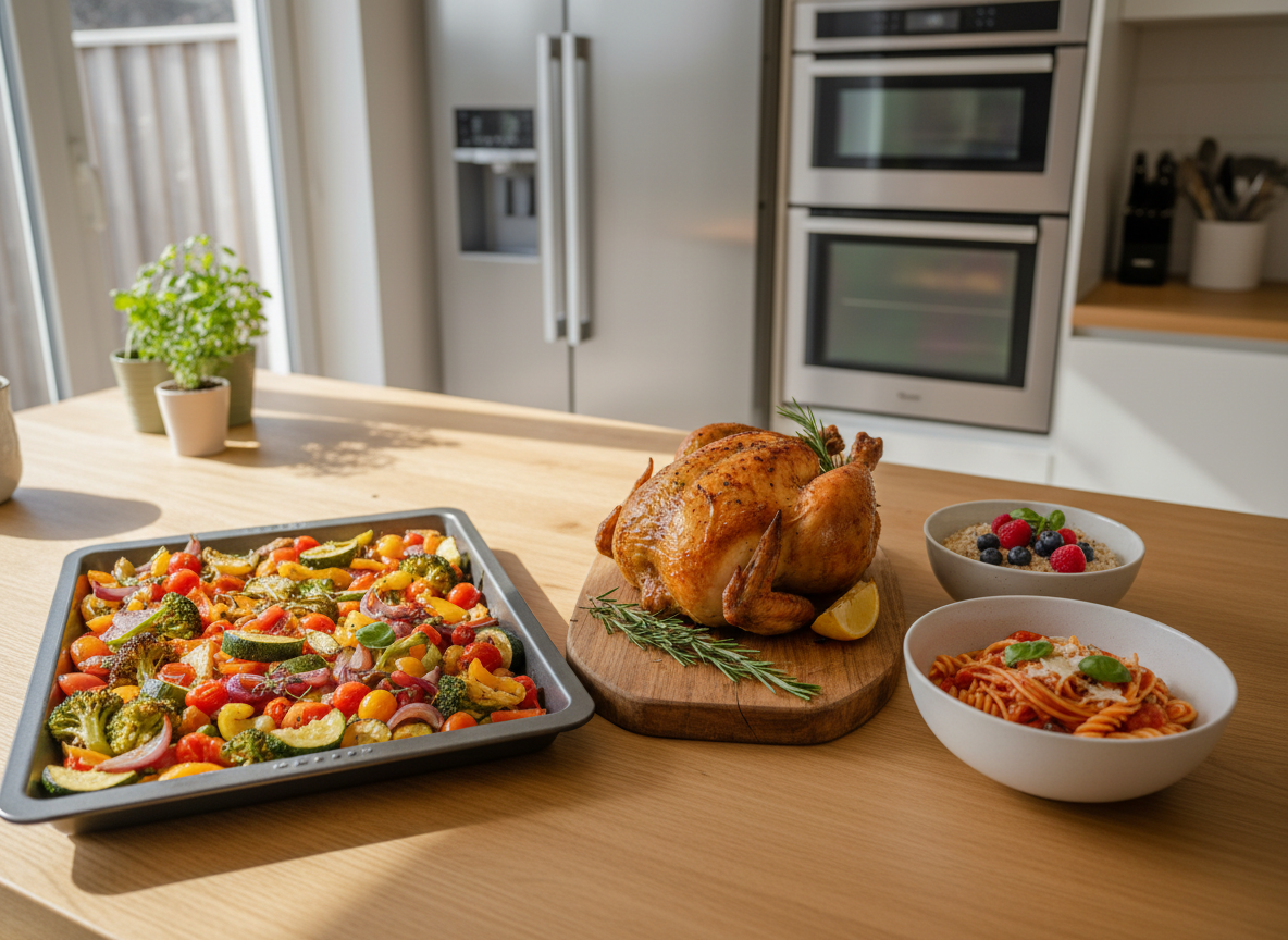 A vibrant overhead photographic shot of a neatly organized kitchen island showcasing a variety of finished dishes: a colorful roasted vegetable tray, a golden roast chicken, a simple tomato pasta in a matte white bowl, and a small bowl of overnight oats with berries. The island is a light oak surface beside a window, with diffused midday natural light creating soft shadows and gentle highlights on glossy sauces and crisp textures. In the softly blurred background, stainless steel appliances and tidy countertops suggest a modern, functional home kitchen. The composition uses the rule of thirds with a shallow depth of field, conveying a professional yet approachable mood, perfect for a general recipes homepage hero image with clean, realistic photographic style.